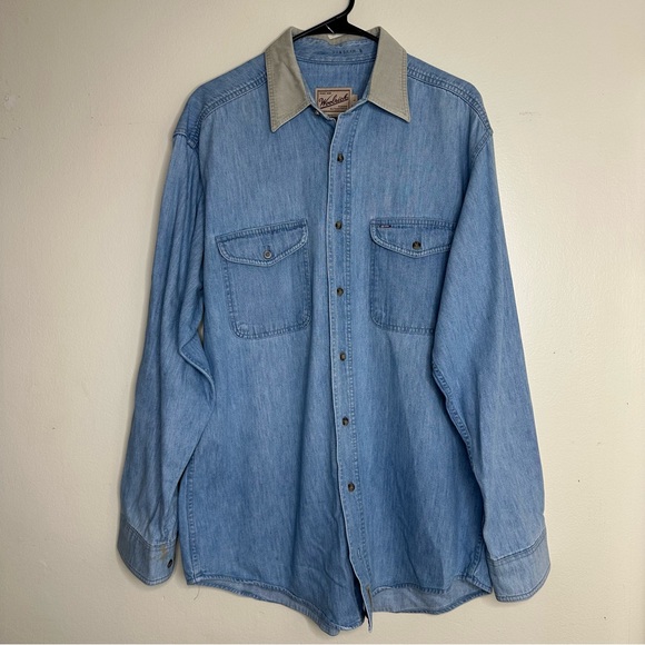 Vintage Woolrich Denim Shirt Elbow Patch Contrast Canvas Collar Work Shirt Large - Picture 1 of 4